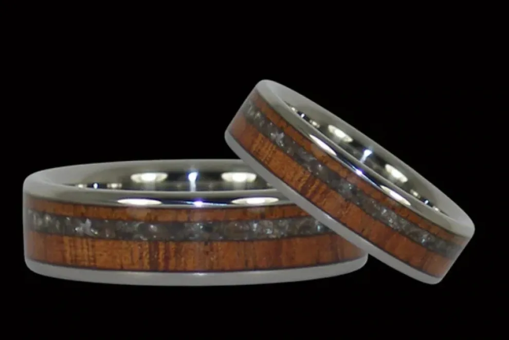 Black Pearl And Koa Wood Inlay Titanium Ring