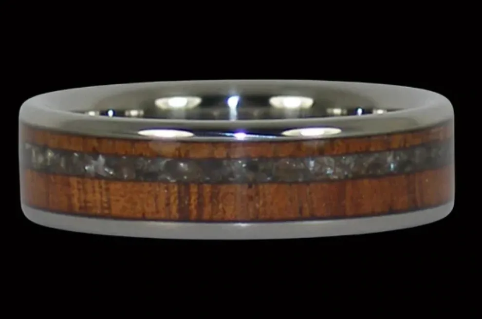 Black Pearl And Koa Wood Inlay Titanium Ring