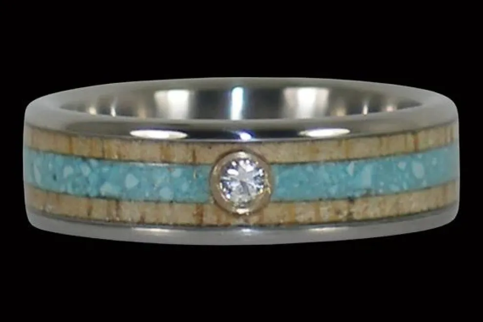 Diamond Titanium Ring Band With Turquoise And Mango Wood