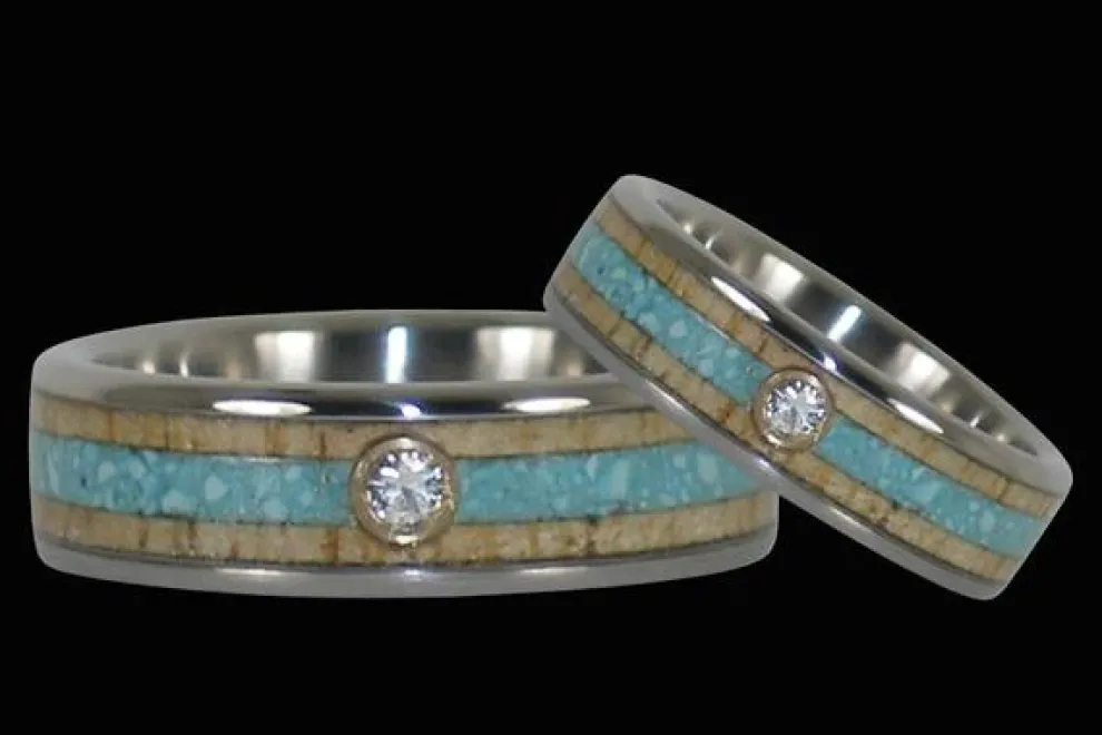 Diamond Titanium Ring Band With Turquoise And Mango Wood