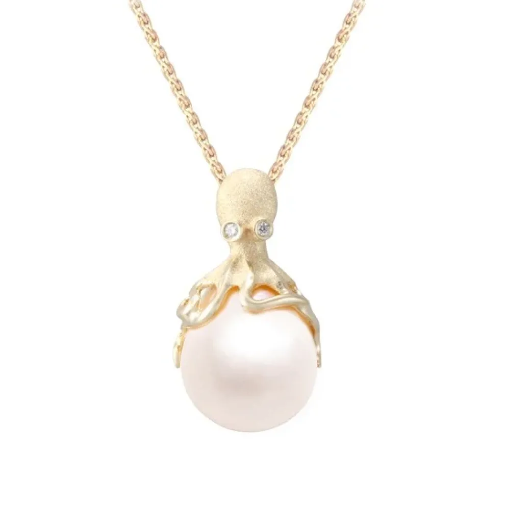 Gold Octopus Pendant With 12Mm White Fresh Water Pearl & Diamonds