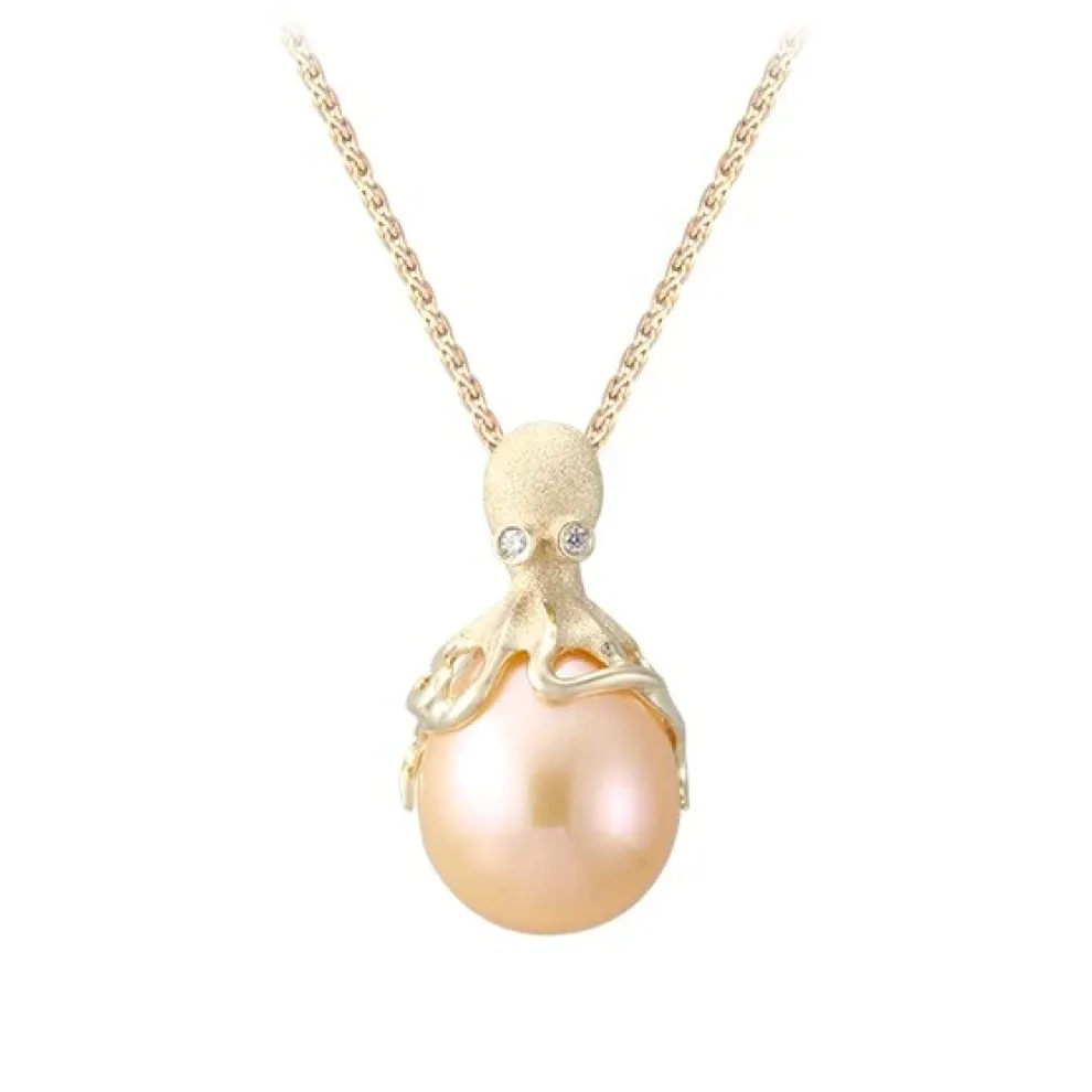 Gold Octopus Pendant With 10Mm Peach Fresh Water Pearl & Diamonds