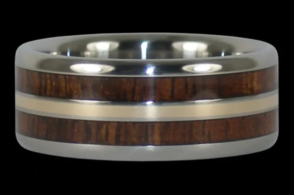 Hawaiian Koa Wood Titanium Ring With Gold Inlay