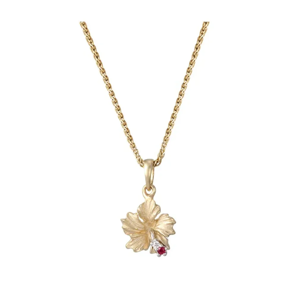 14K Hibiscus Pendant With .03Ct Ruby And 01Ct Diamond