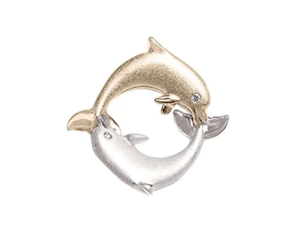 14K 20Mm "Chasing Couple" Dolphin Pendant With 2 Diamonds