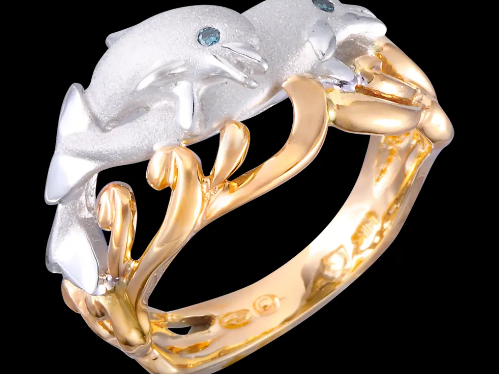 14K 20Mm "Flipping Couple" Dolphin Ring With 2 Blue Diamonds