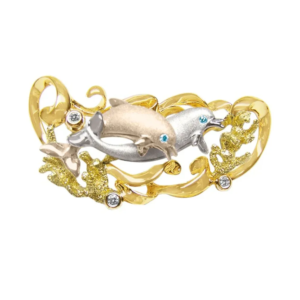 14K 20Mm "Flipping Couples" Dolphin Pendant With 2 Blue Diamonds