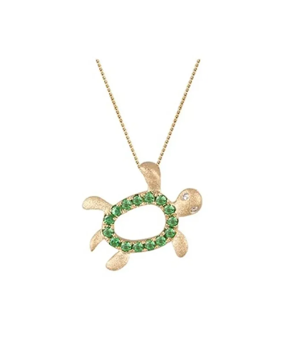 14K 12Mm "Hawaiian Petroglyph" Honu Pendant With 2 Diamonds And 15 Tsavorites