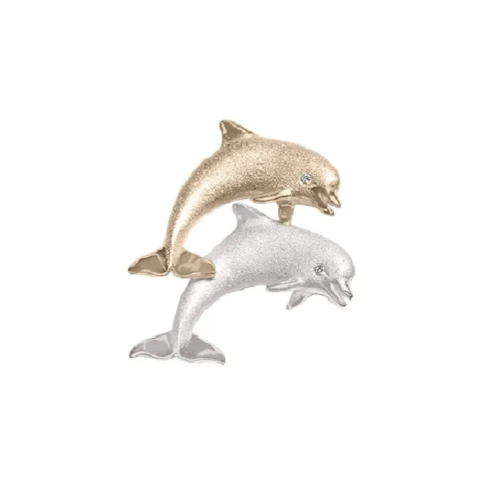 14K 20Mm "Jumping Couple" Dolphin Pendant With 2 Diamonds