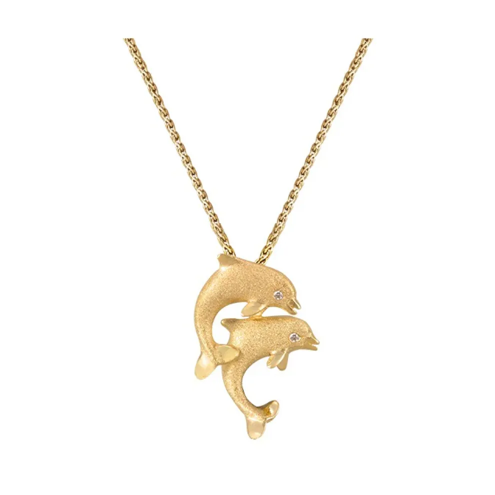 14K 15Mm "Jumping Couple" Dolphin Pendant With 2 Diamonds
