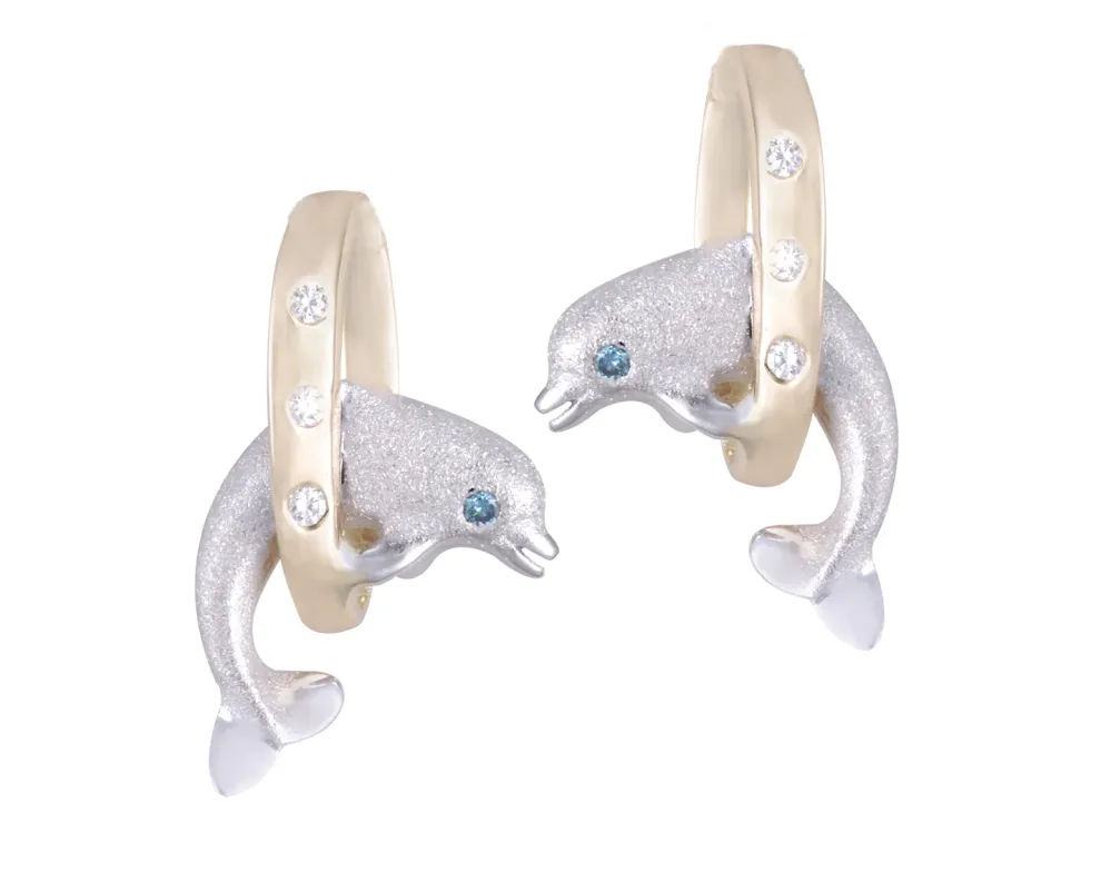 14K 15Mm "Jumping Loop" Dolphin Earrings With 6 Diamonds