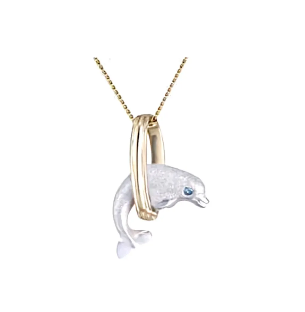 14K 15Mm "Jumping Loop" Dolphin Pendant With 0.01 Blue Diamond