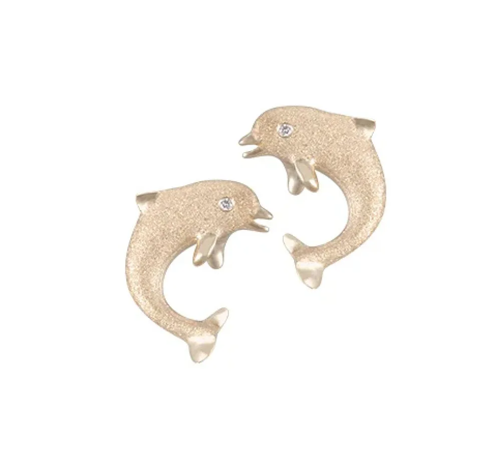 14K 15Mm "Jumping Single" Stud Dolphin Earrings With 2 Diamonds