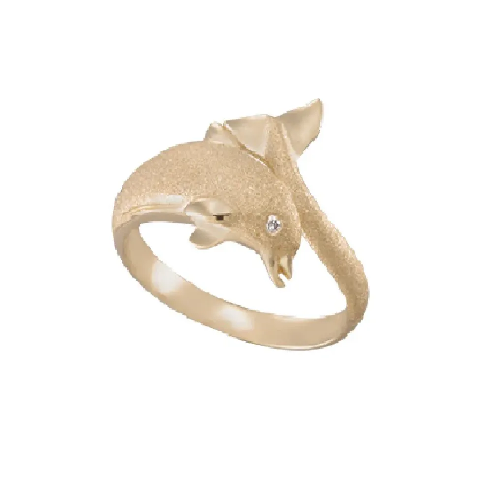 14K 20Mm "Jumping Single" Dolphin Ring With 0.01 Carat Diamond