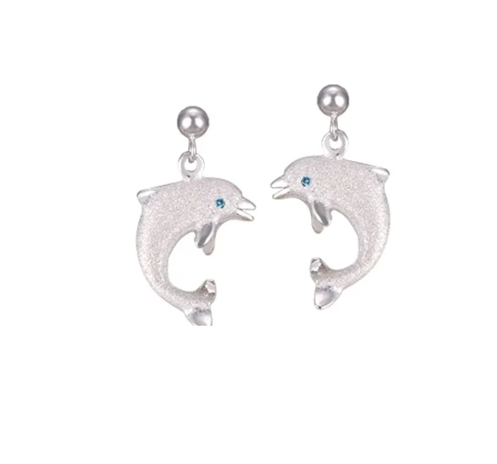 14K 15Mm "Jumping Single" Dolphin Ball Post Earrings With 2 Blue Diamonds