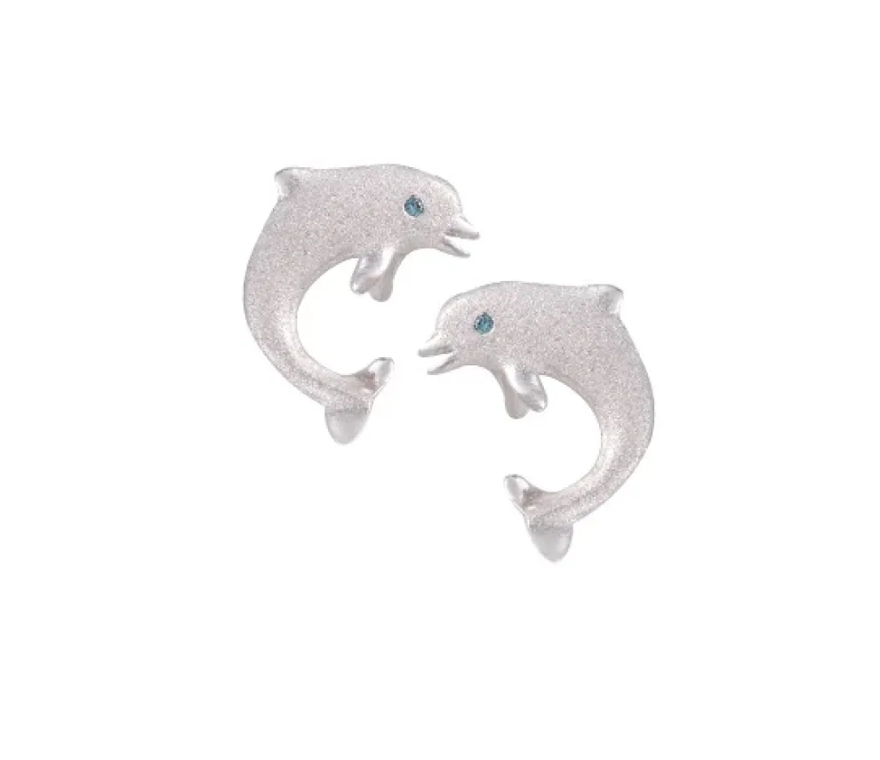 14K 15Mm "Jumping Single" Dolphin Stud Earrings With 2 Blue Diamonds
