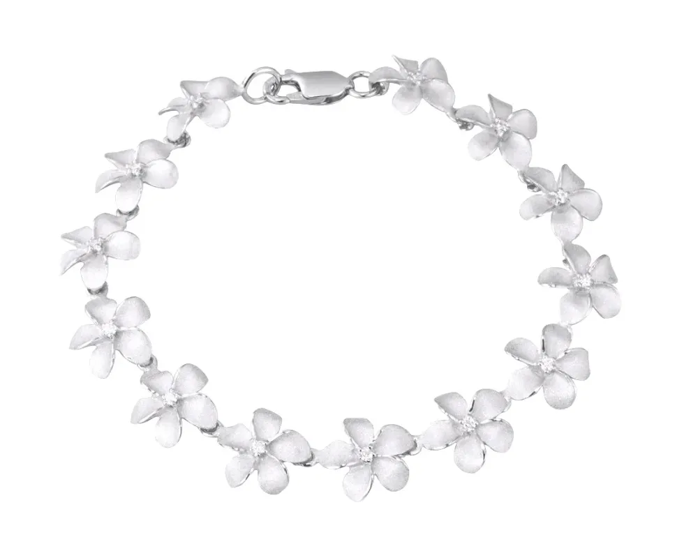14K 11Mm Plumeria Bracelet 7" With 13 Diamonds And 13Pc Flowers