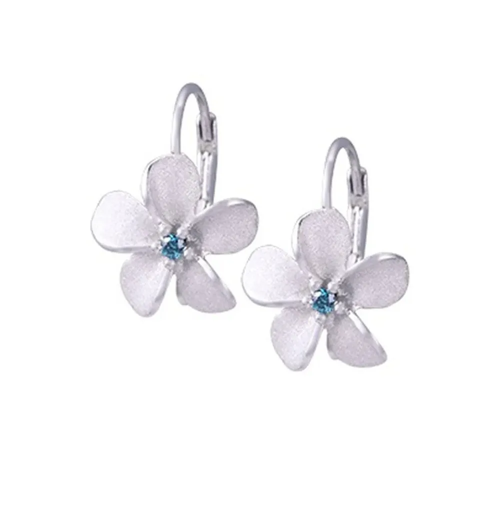 14K 11Mm Plumeria Earrings With 2 Blue Diamonds