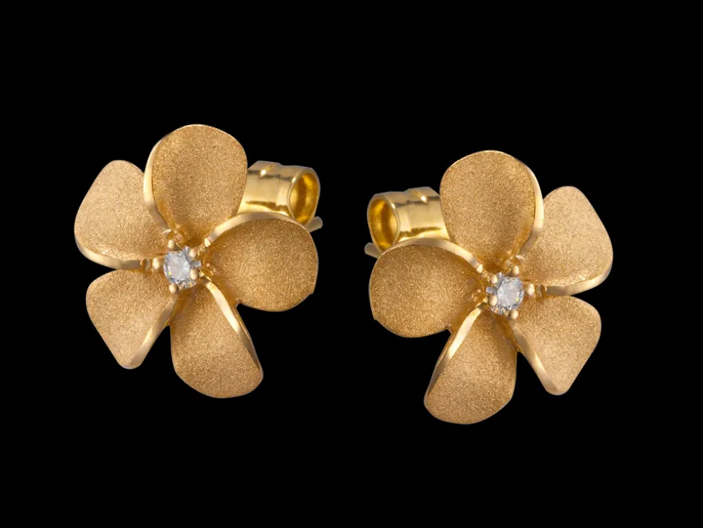 14K 11Mm Plumeria Earrings With 2 Diamonds