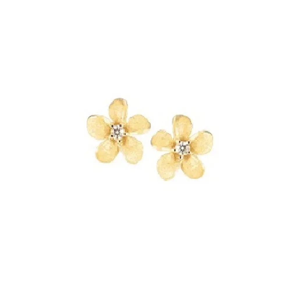 14K 6Mm Plumeria Earrings With 2 Diamonds