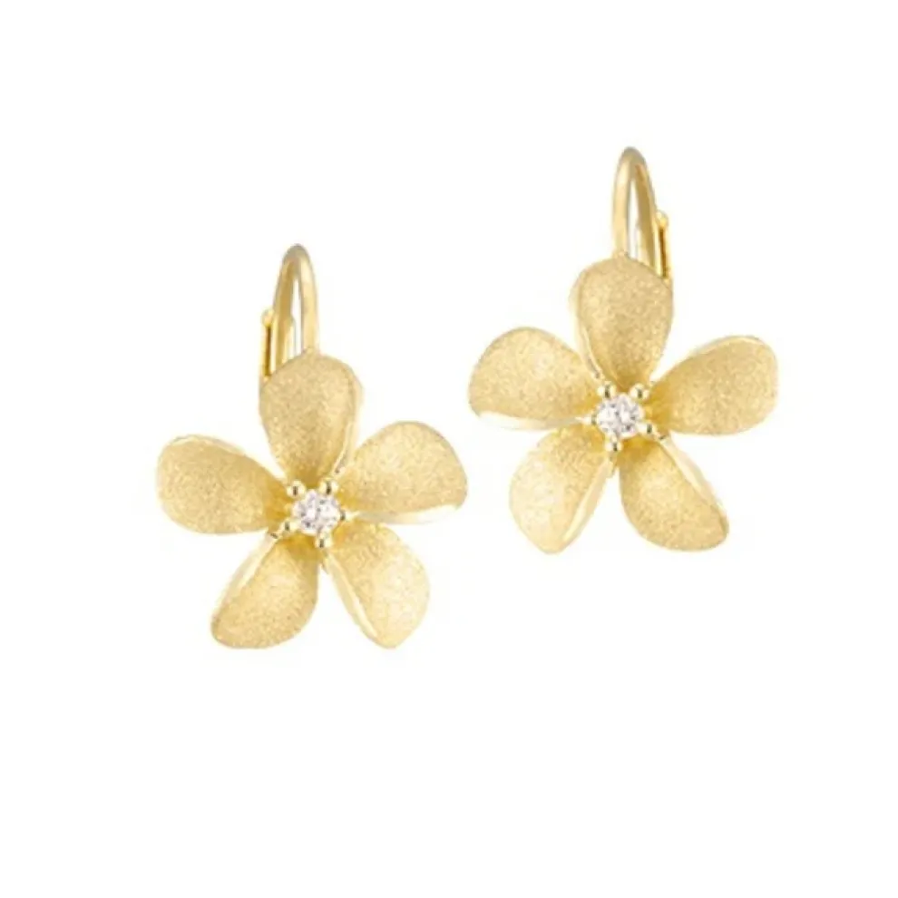14K 11Mm Plumeria Earrings Lever Back With 2 Diamonds