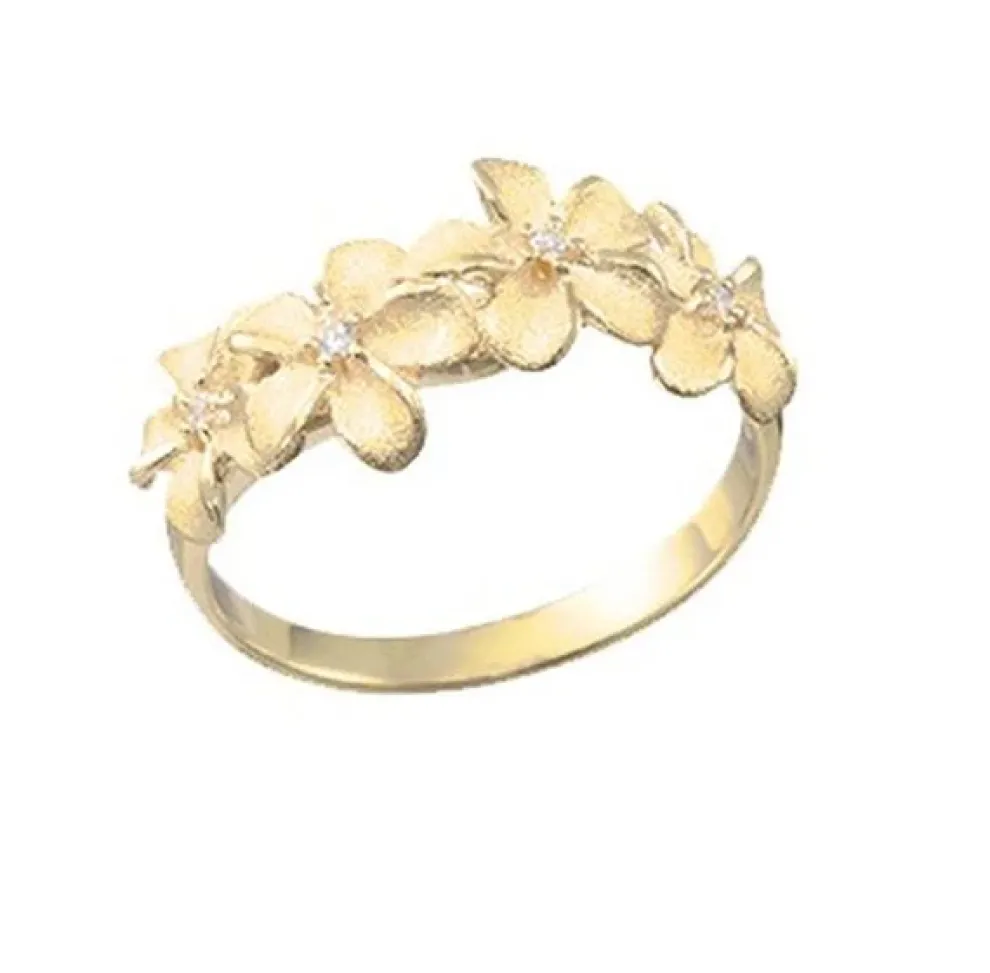 14K 8Mm Plumeria Ring With 4 Diamonds