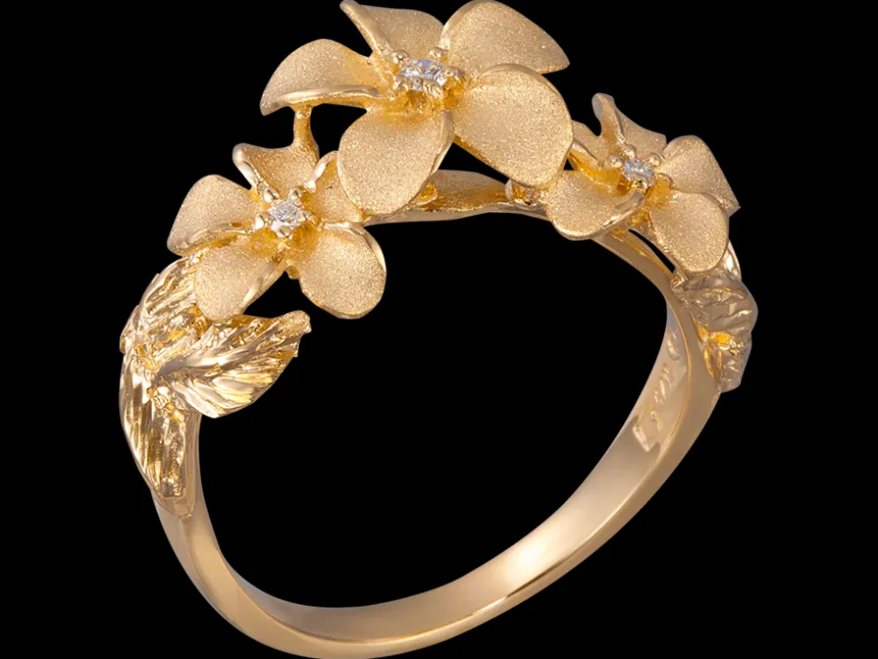 14K 11Mm Plumeria Ring With 3 Diamonds
