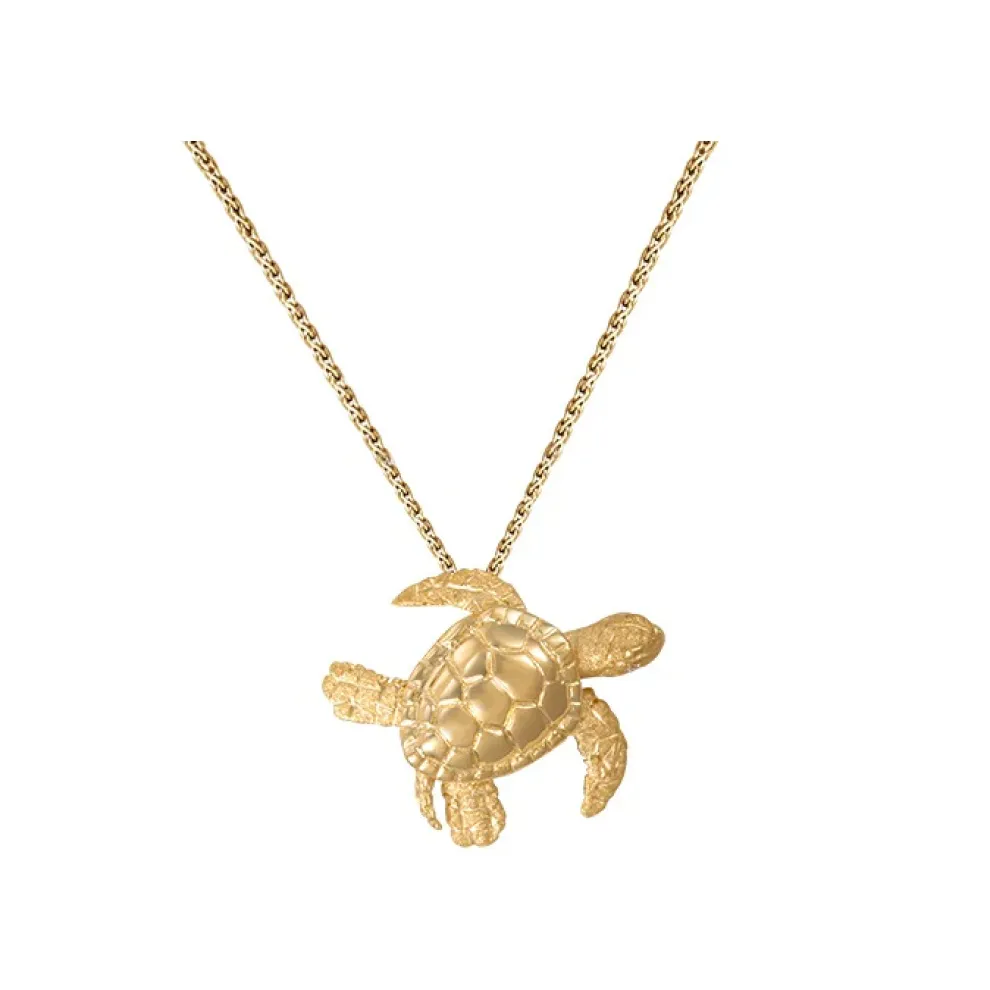14K 20Mm Sea Turtle Pendant With 2 Diamonds