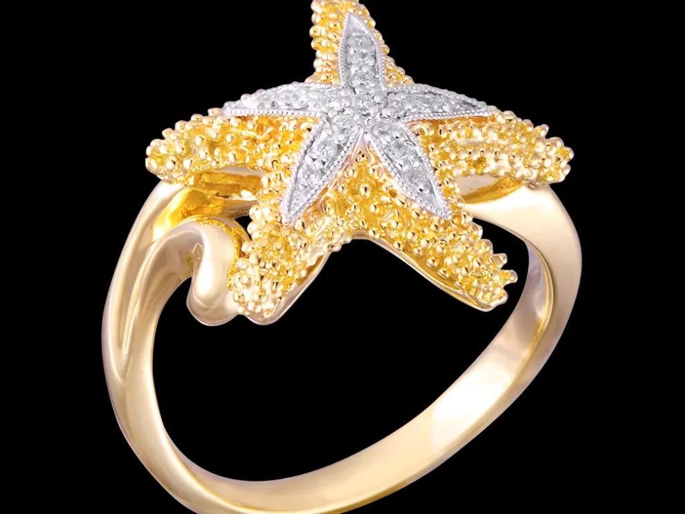 14K 18Mm Starfish Ring With 16 Diamonds