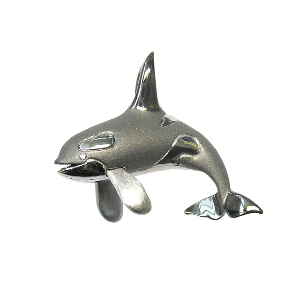 14K 40Mm 2/Tone (Black And White) Killing Whale Pendant With 2 Diamonds