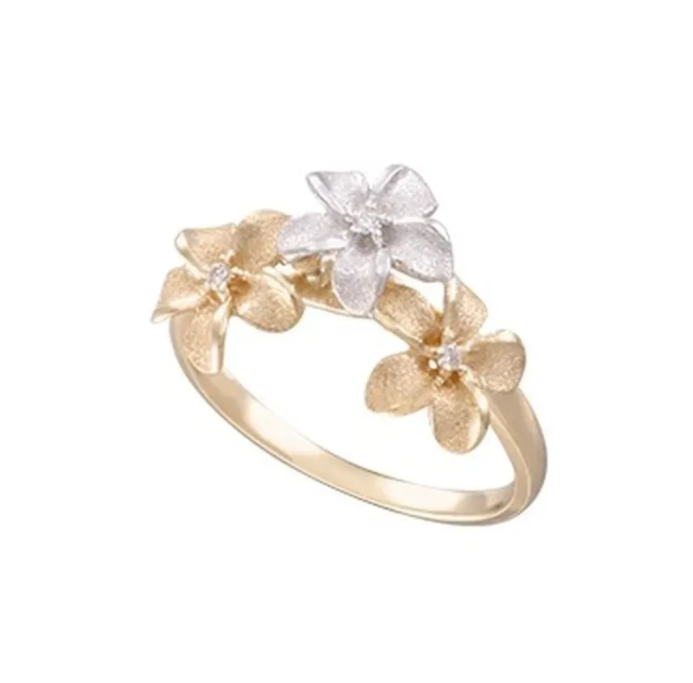 14K 8Mm 2/Tone Plumeria Ring With 3 Diamonds