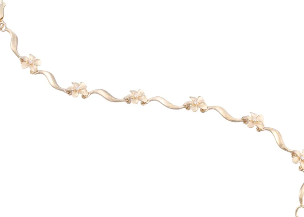 14K Plumeria Lei Bracelet With 6 Diamonds