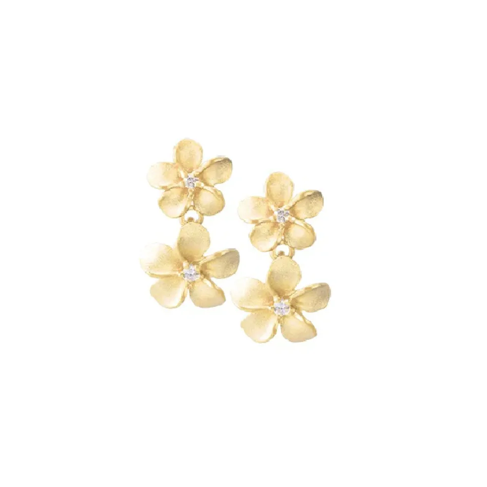14K Plumeria Lei Earrings With 4 Diamonds