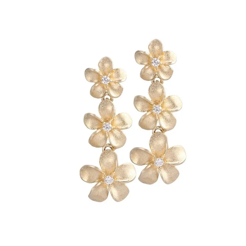 14K Plumeria Lei Earrings With 6 Diamonds