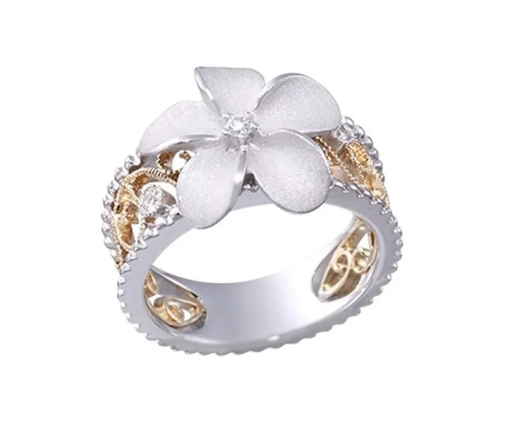 14K 2/Tone Chandelier Plumeria Ring With 3 Diamonds