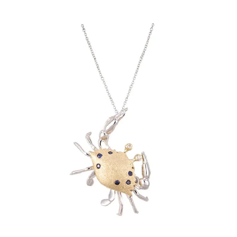 14K 2/Tone Crab Pendant With 2 Diamonds And 6 Sapphires