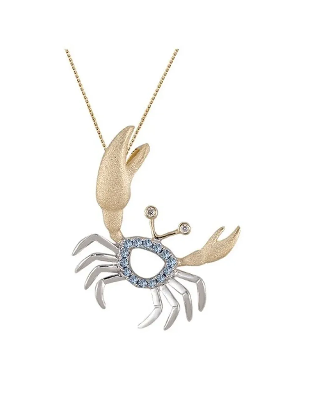 14K 2/Tone Crab Pendant With 2 Diamonds And 14 Pastel Blue Sapphires