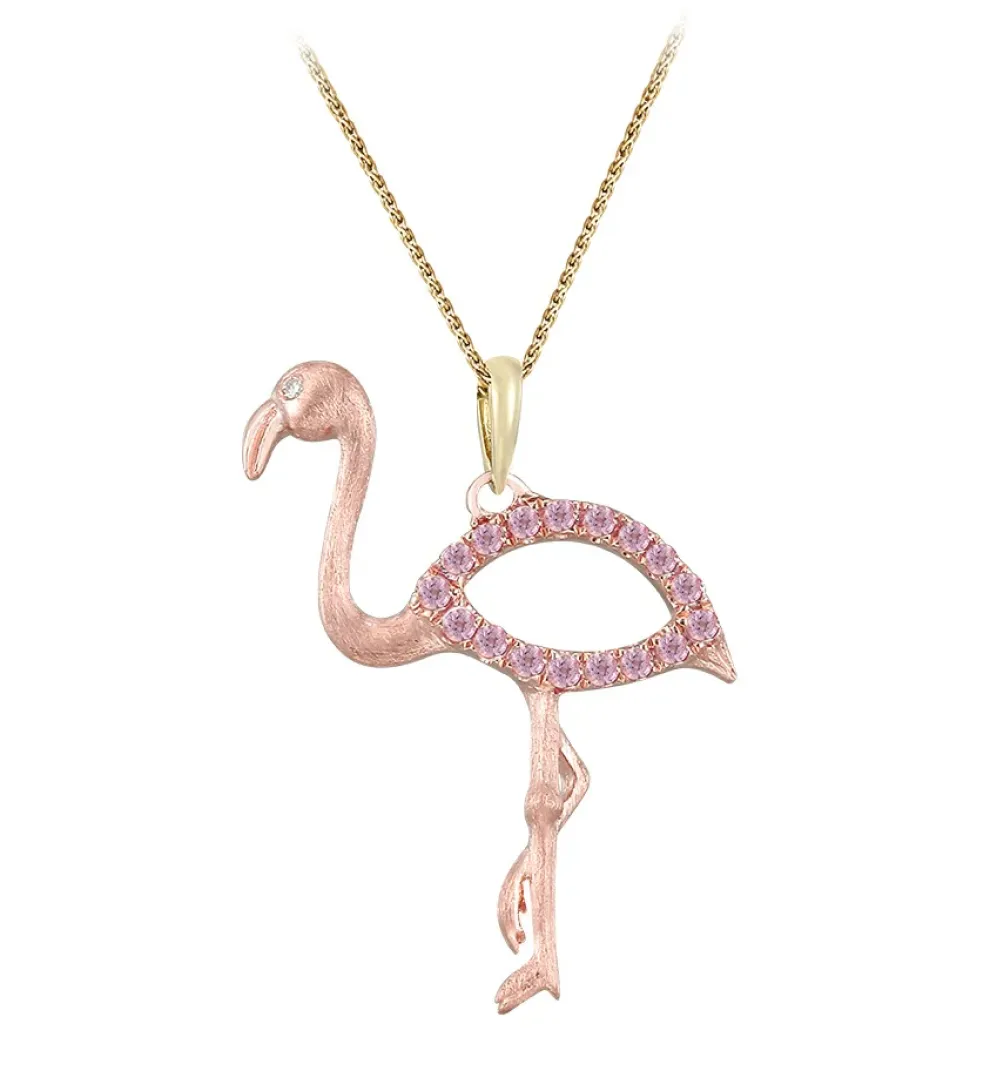 14K 2/Tone Flamingo Pendant With Diamond And 17 Pastel Pink Sapphires