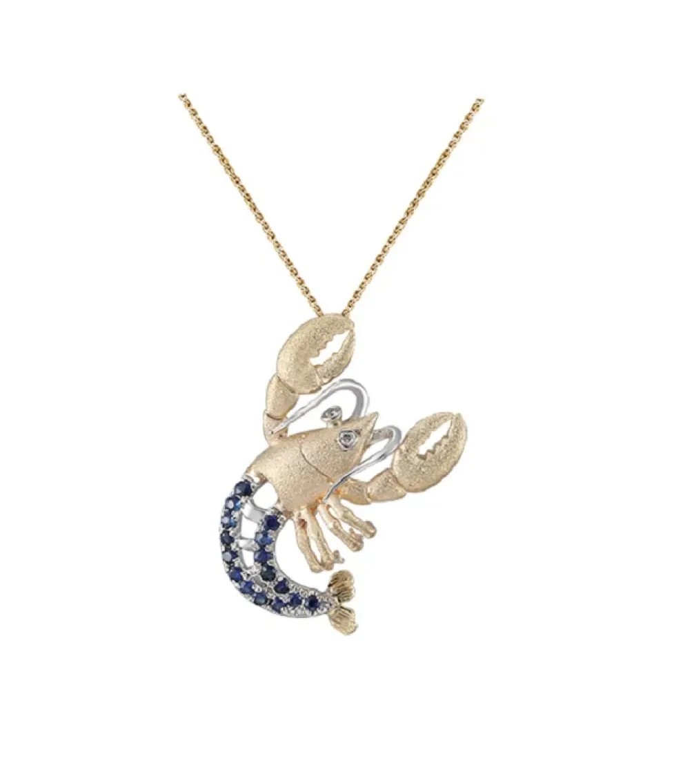 14K 2/Tone Lobster Pendant With 2 Diamonds And 16 Blue Sapphires