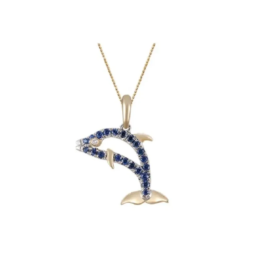 14K 2/Tone 15Mm Dolphin Pendant With 21 Blue Sapphires