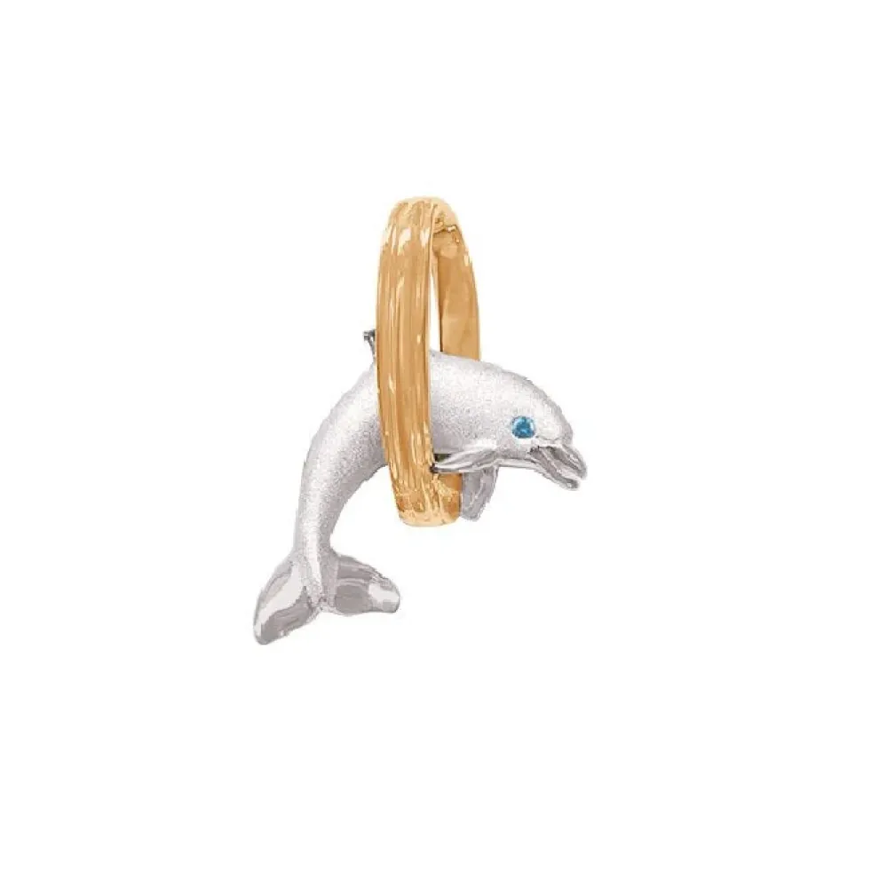 14K 2/Tone 20Mm "Jumping Loop" Dolphin Pendant With Blue Diamond
