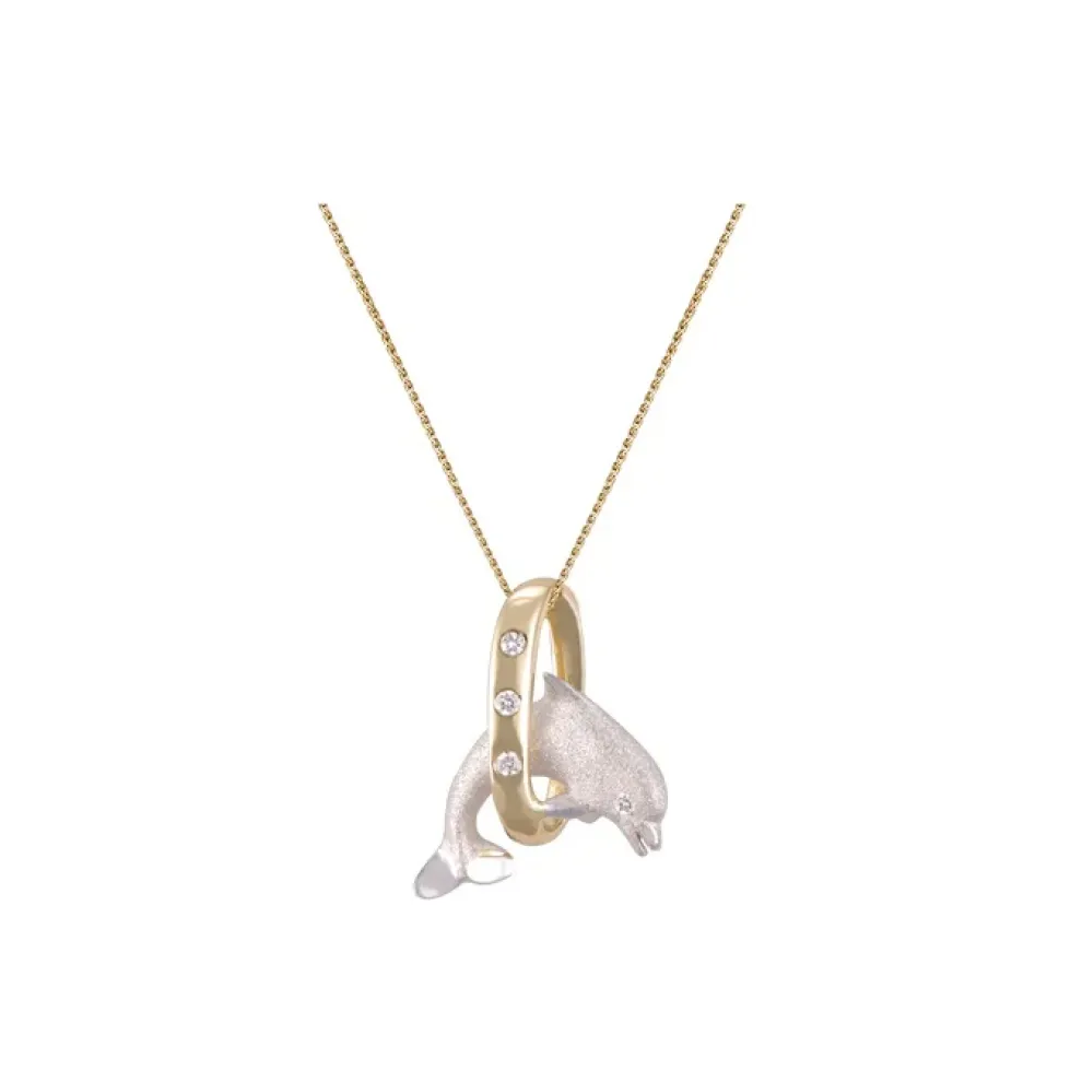 14K 2/Tone 15Mm "Jumping Loop" Dolphin Pendant With 4 Diamonds