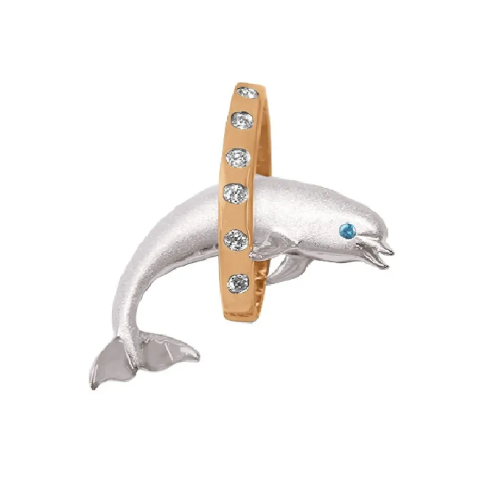 14K 2/Tone 28Mm "Jumping Loop" Dolphin Pendant With 6 Diamonds