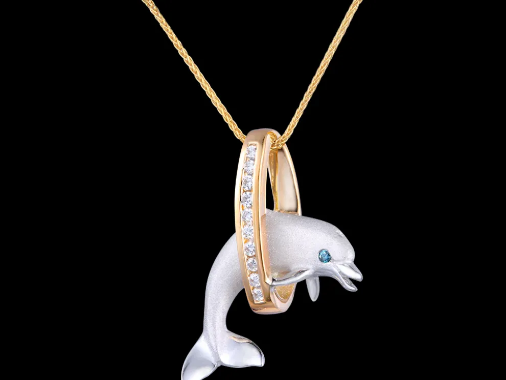 14K 2/Tone 20Mm "Jumping Loop" Dolphin Pendant With 10 Diamonds