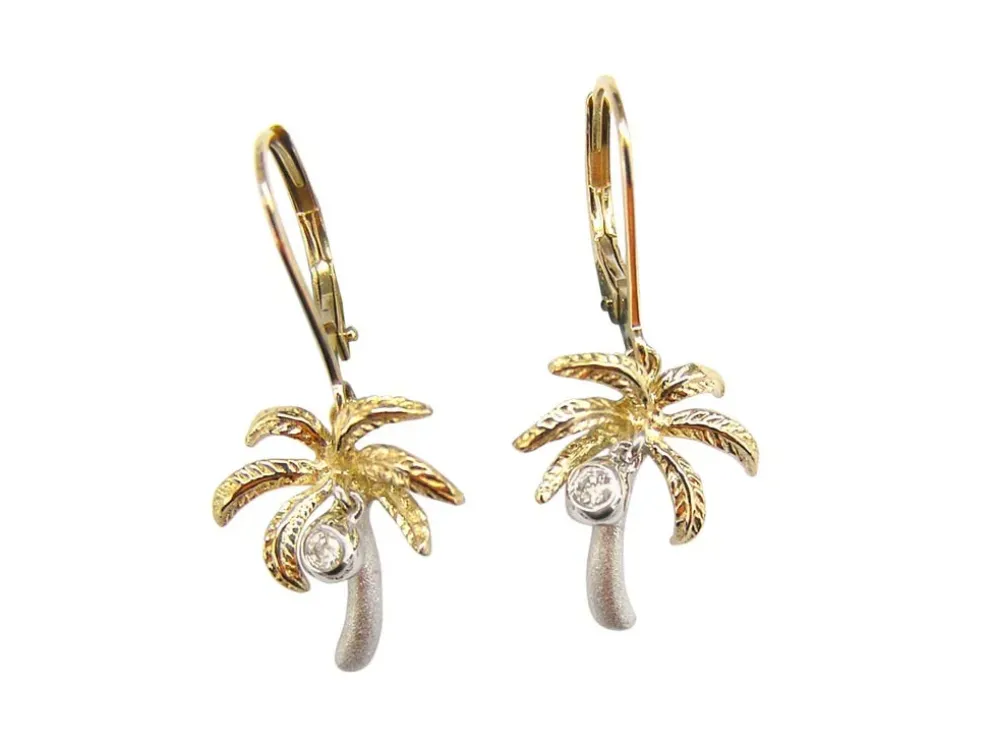 14K 2/Tone 15Mm Palm Tree Earrings With 2 Diamonds
