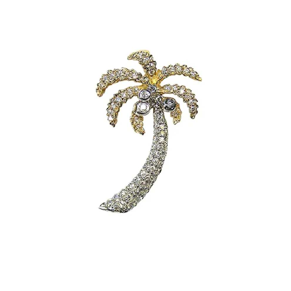 14K 2/Tone 30Mm Single Palm Tree Pendant With 75 Diamonds