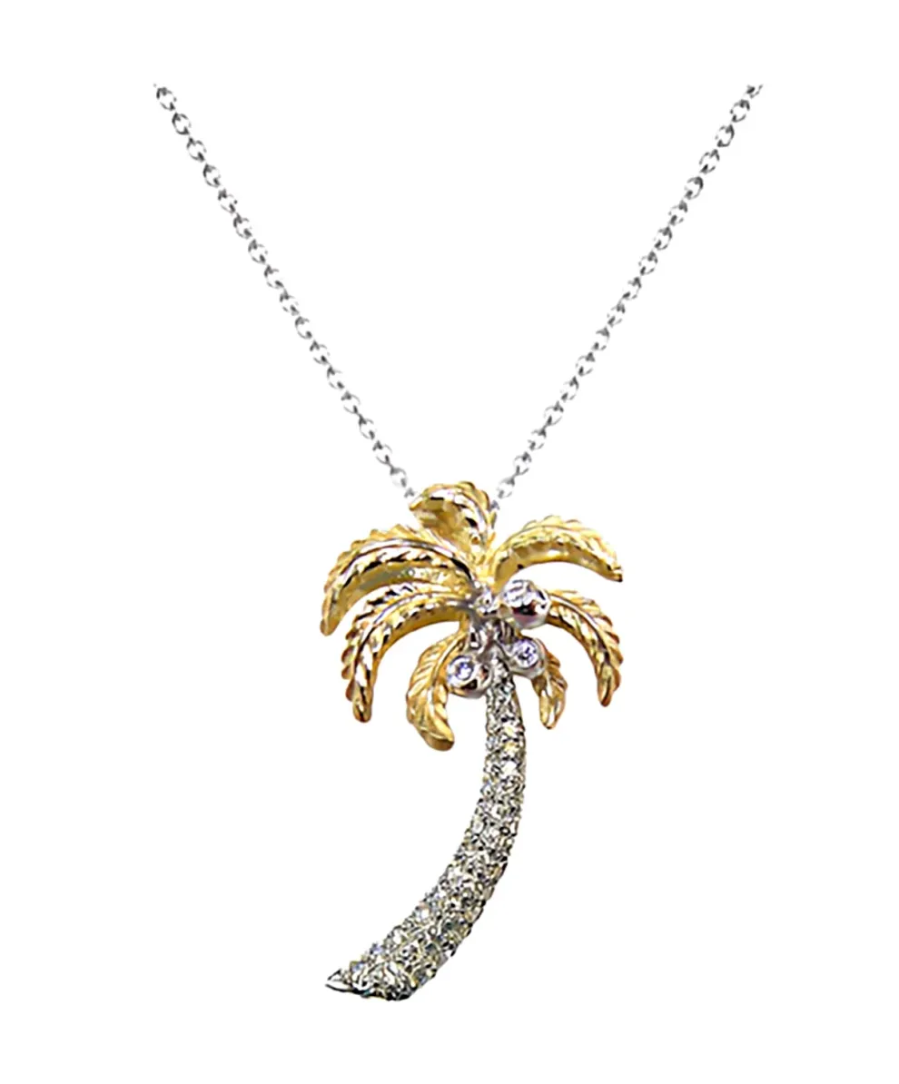 14K 2/Tone 30Mm Single Palm Tree Pendant With 41 Diamonds
