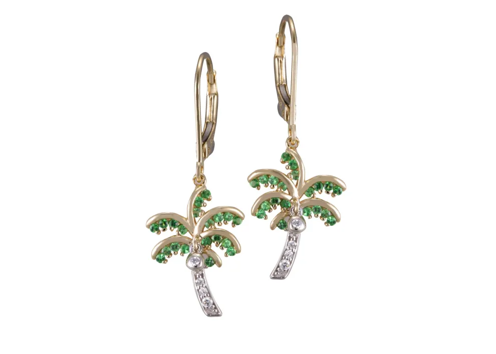 14K 2/Tone 15Mm Single Palm Tree Earrings With 10 Diamonds And 40 Tsavorites