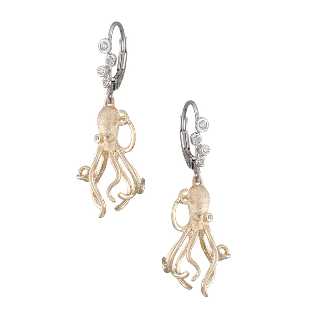 14K 2/Tone Octopus Earring With 12 Diamonds