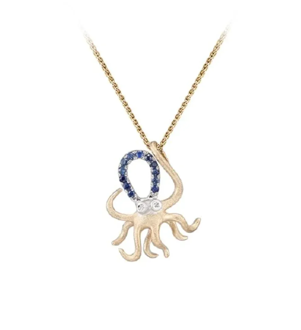12K 2/Tone Octopus Pendant With 2 Diamonds And 12 Blue Sapphires